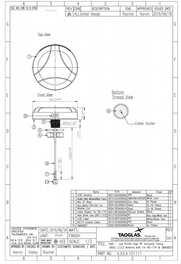 Mechanical Drawing - Taoglas Bolt A.93 Permanent Mount Timing Antenna
